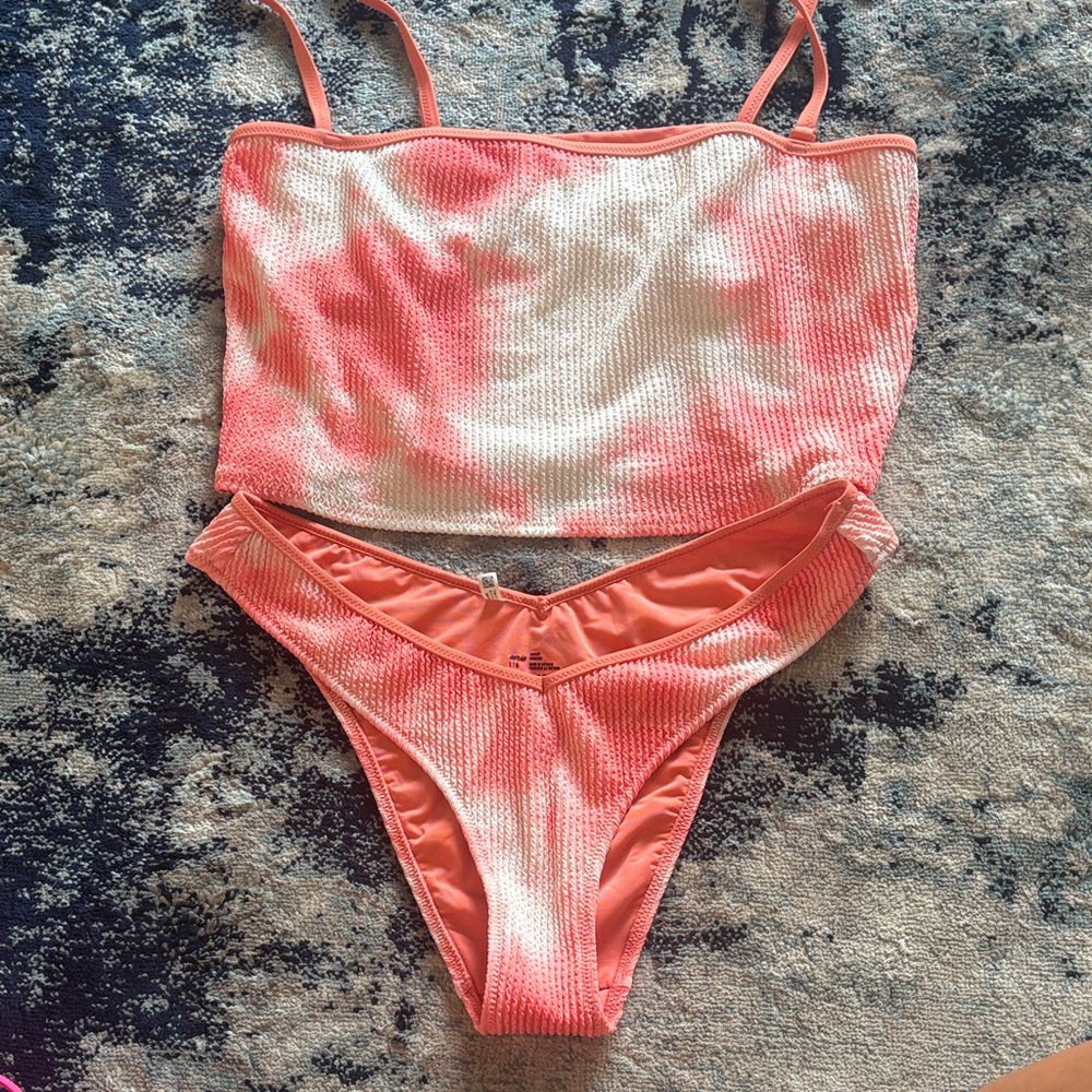 aerie Coral Ribbed Bikini Top and High-Cut Bottoms
